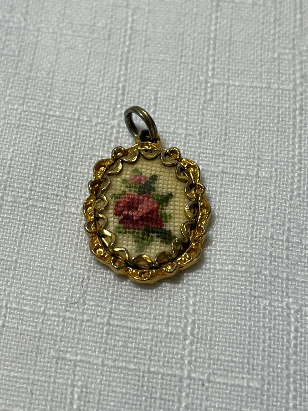 Gold Floral Embroidered Pendant Necklace Charm - Pink Rose